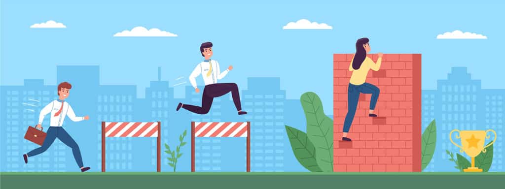 illustration of people overcoming physical obstacles like a brick wall