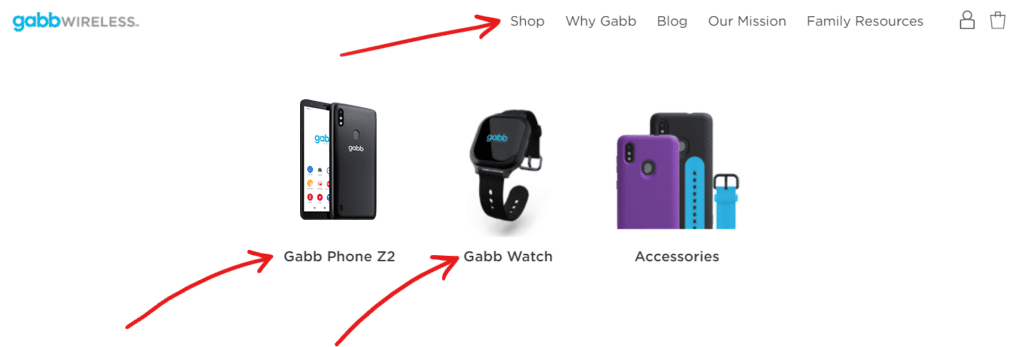 Gabb Wireless home page shop button with product options